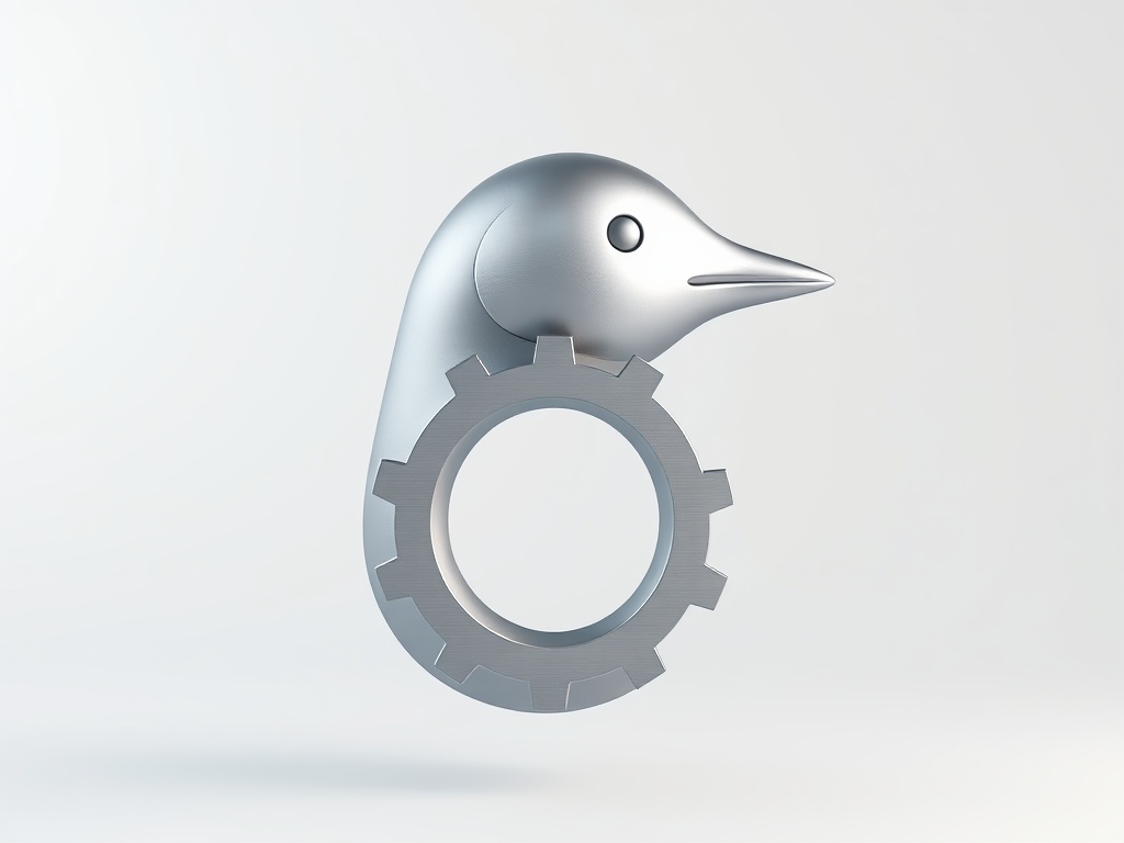Minimalist 3D render of a stylized penguin head combined with a circular gear, matte silver finish on a pale gradient background. Soft studio lighting, photorealistic, 8k.